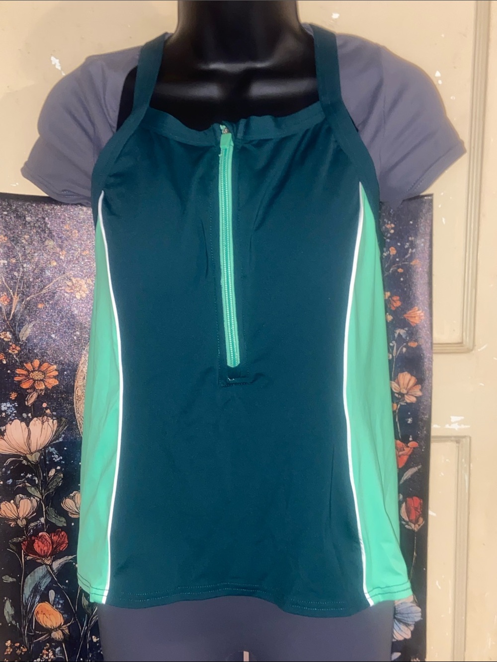 LANDS END TANKINI TOP Forest & Mint Green 1/4 Zip Racerback